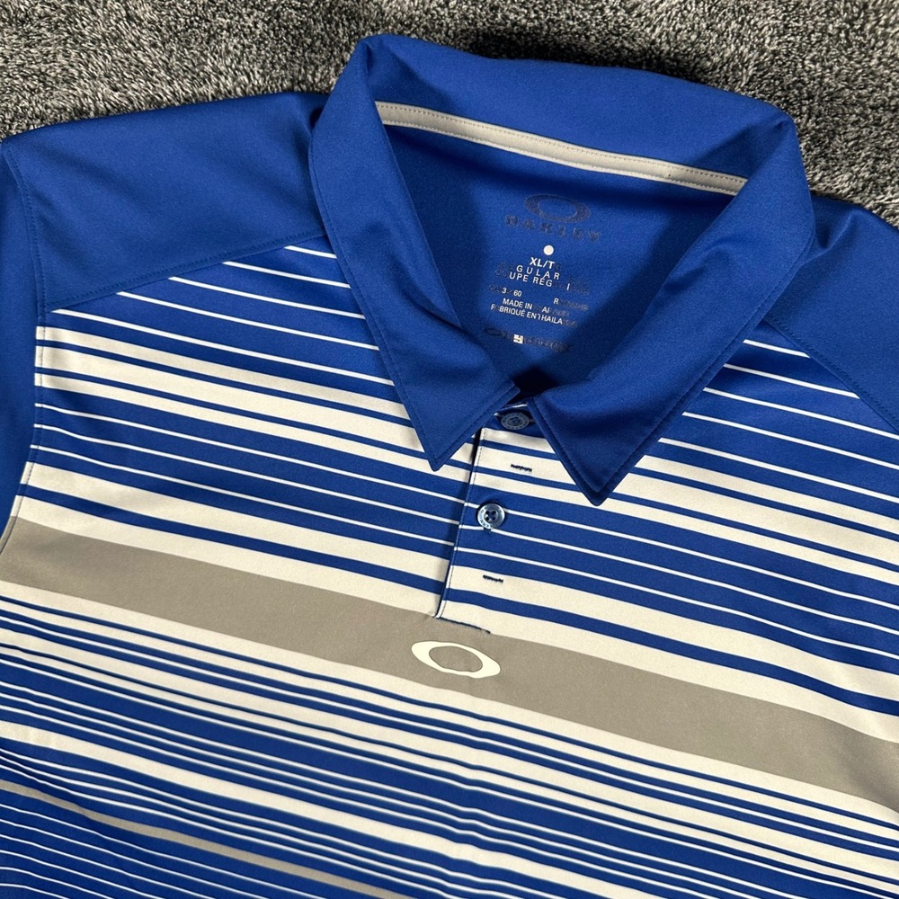 Oakley Polo Shirt Mens XL Regular Fit Blue Striped Short Sleeve Button Down Golf